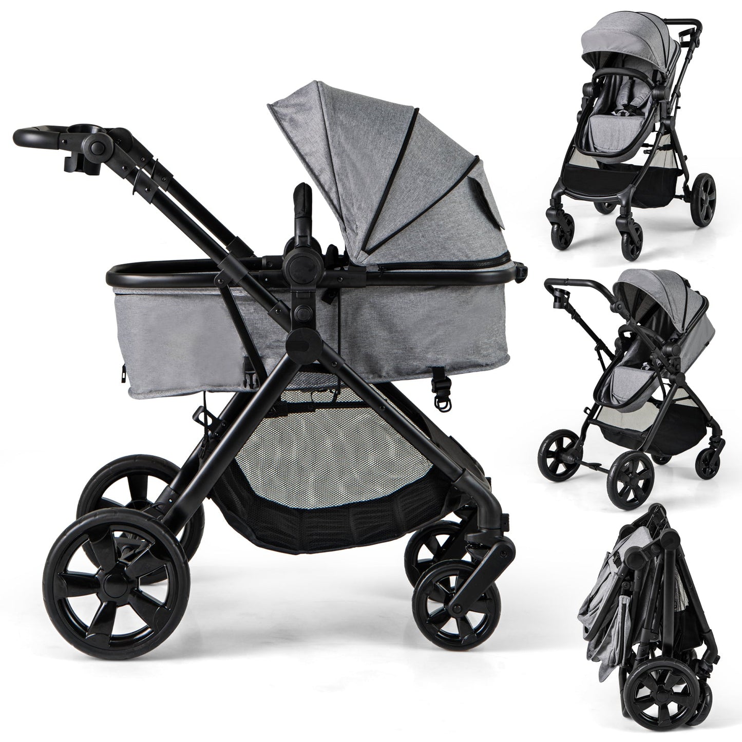 2-in-1 Convertible Baby Stroller with Reversible Seat and Adjustable Canopy-Grey