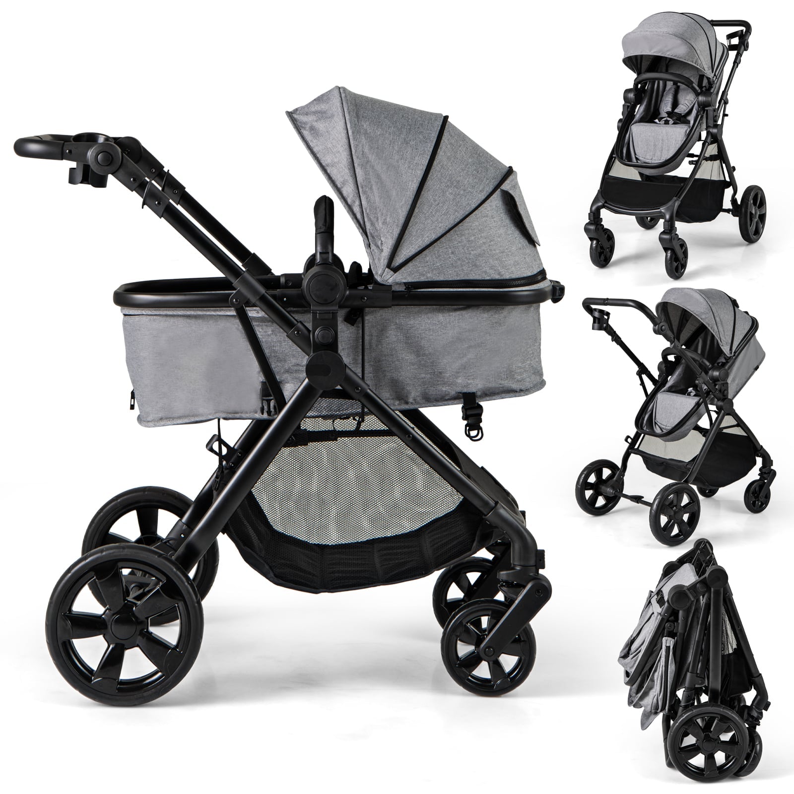 2-in-1 Convertible Baby Stroller with Reversible Seat and Adjustable Canopy-Grey