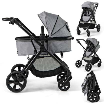 2-in-1 Convertible Baby Stroller with Reversible Seat and Adjustable Canopy-Grey