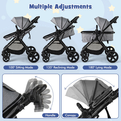 2-in-1 Convertible Baby Stroller with Reversible Seat and Adjustable Canopy-Grey