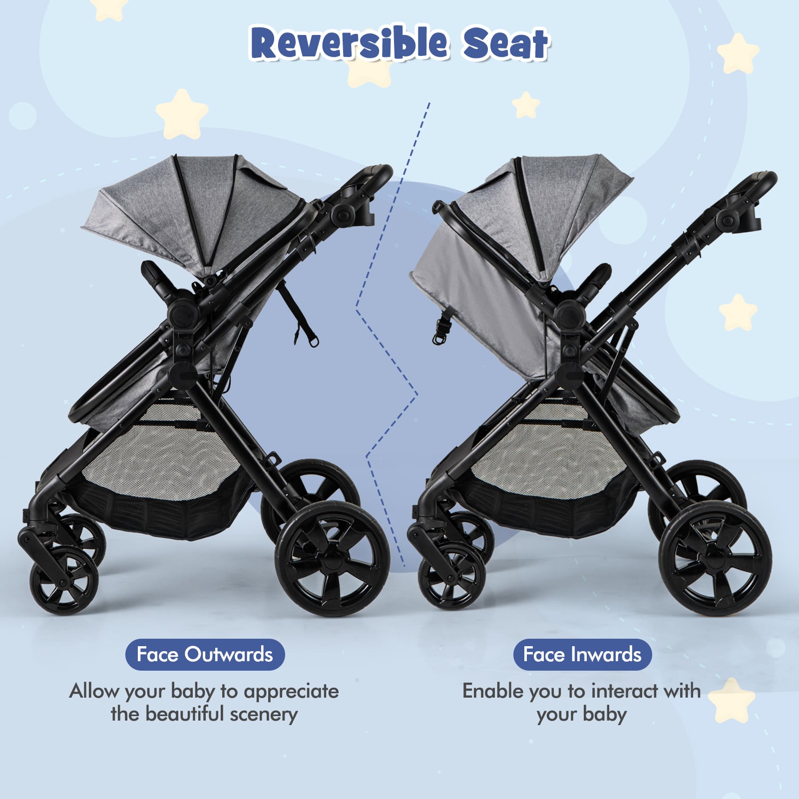 2-in-1 Convertible Baby Stroller with Reversible Seat and Adjustable Canopy-Grey