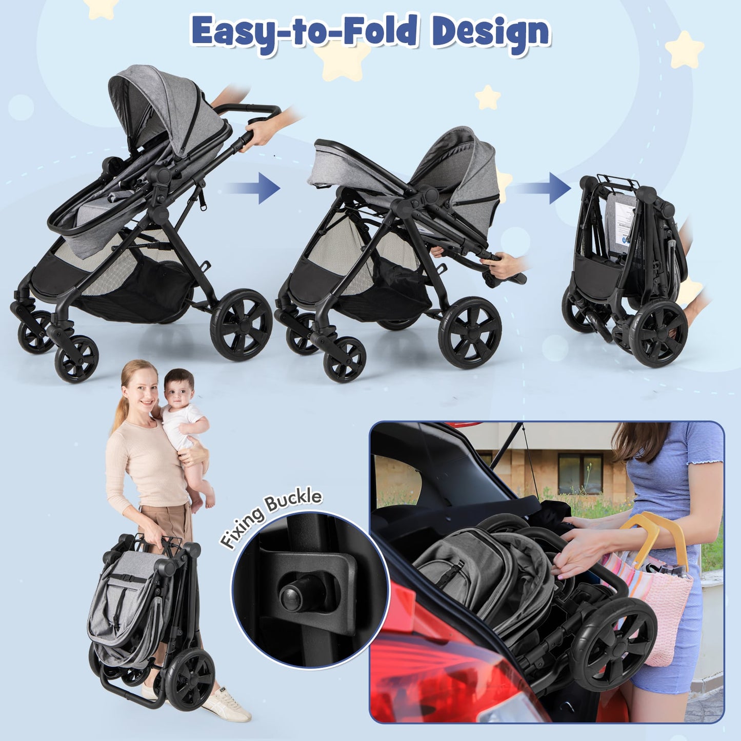 2-in-1 Convertible Baby Stroller with Reversible Seat and Adjustable Canopy-Grey