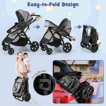 2-in-1 Convertible Baby Stroller with Reversible Seat and Adjustable Canopy-Grey