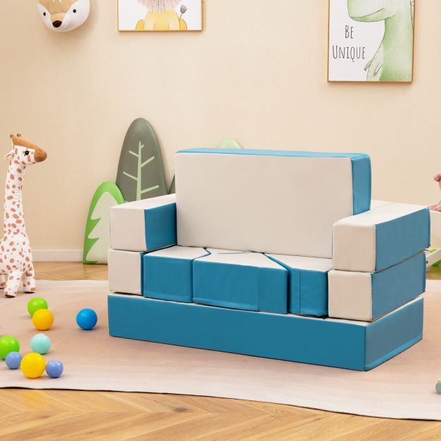 4-in-1 Convertible Foam Couch Play Set with Skin-friendly PU Leather Cover and Zippers-Blue