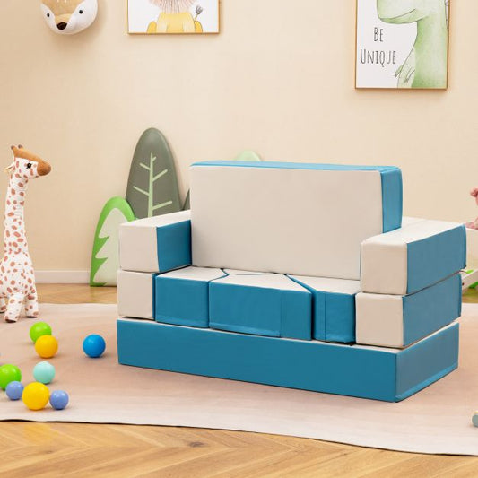 4-in-1 Convertible Foam Couch Play Set with Skin-friendly PU Leather Cover and Zippers-Blue