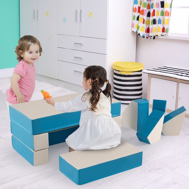 4-in-1 Convertible Foam Couch Play Set with Skin-friendly PU Leather Cover and Zippers-Blue