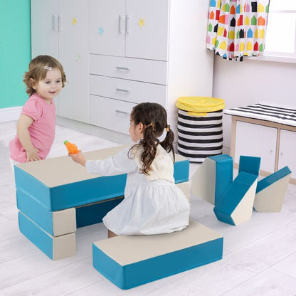 4-in-1 Convertible Foam Couch Play Set with Skin-friendly PU Leather Cover and Zippers-Blue