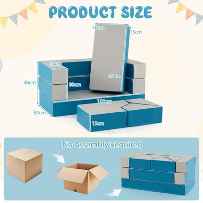 4-in-1 Convertible Foam Couch Play Set with Skin-friendly PU Leather Cover and Zippers-Blue