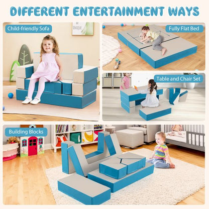 4-in-1 Convertible Foam Couch Play Set with Skin-friendly PU Leather Cover and Zippers-Blue
