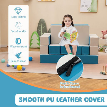 4-in-1 Convertible Foam Couch Play Set with Skin-friendly PU Leather Cover and Zippers-Blue