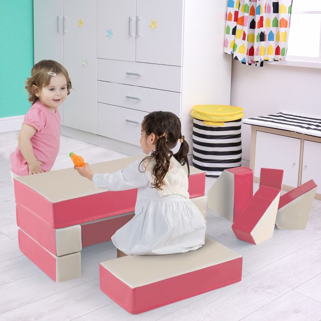 4-in-1 Convertible Foam Couch Play Set with Skin-friendly PU Leather Cover and Zippers-Pink