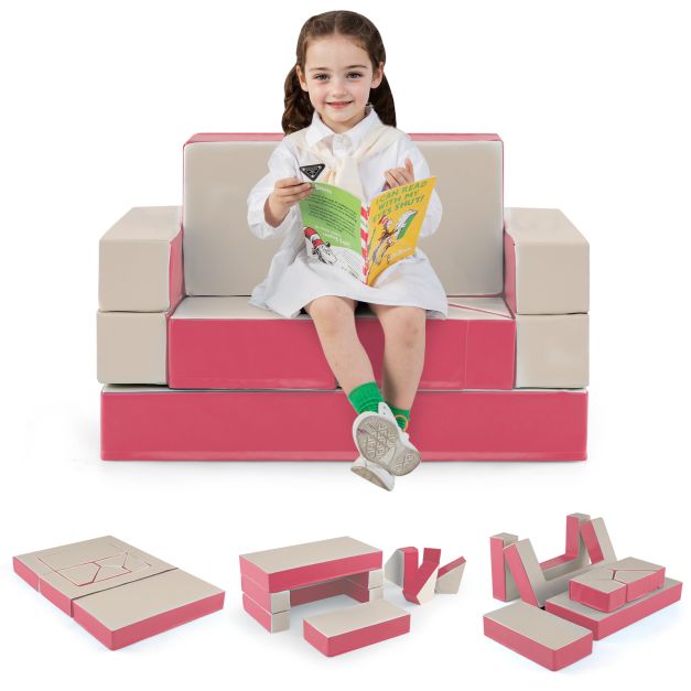 4-in-1 Convertible Foam Couch Play Set with Skin-friendly PU Leather Cover and Zippers-Pink
