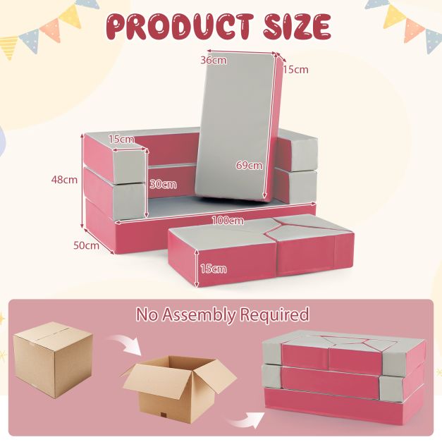 4-in-1 Convertible Foam Couch Play Set with Skin-friendly PU Leather Cover and Zippers-Pink