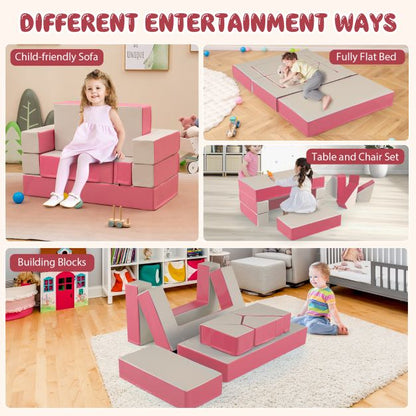 4-in-1 Convertible Foam Couch Play Set with Skin-friendly PU Leather Cover and Zippers-Pink