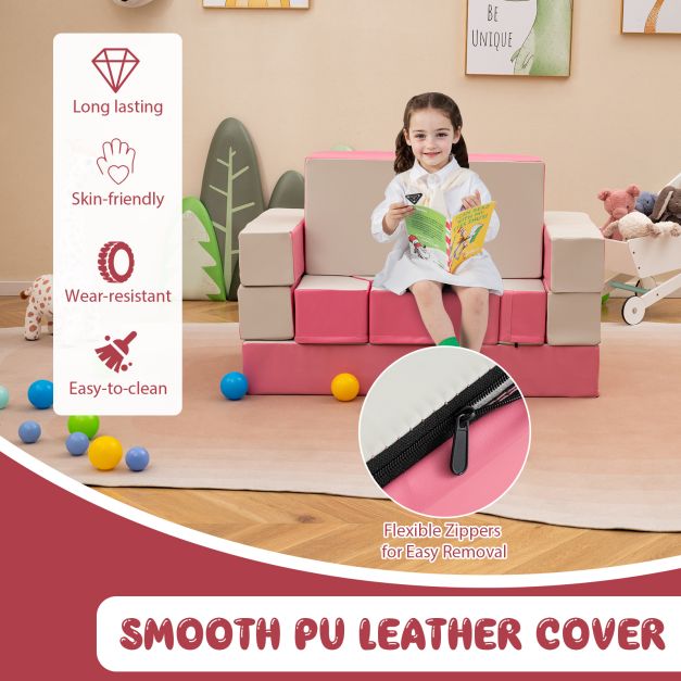 4-in-1 Convertible Foam Couch Play Set with Skin-friendly PU Leather Cover and Zippers-Pink
