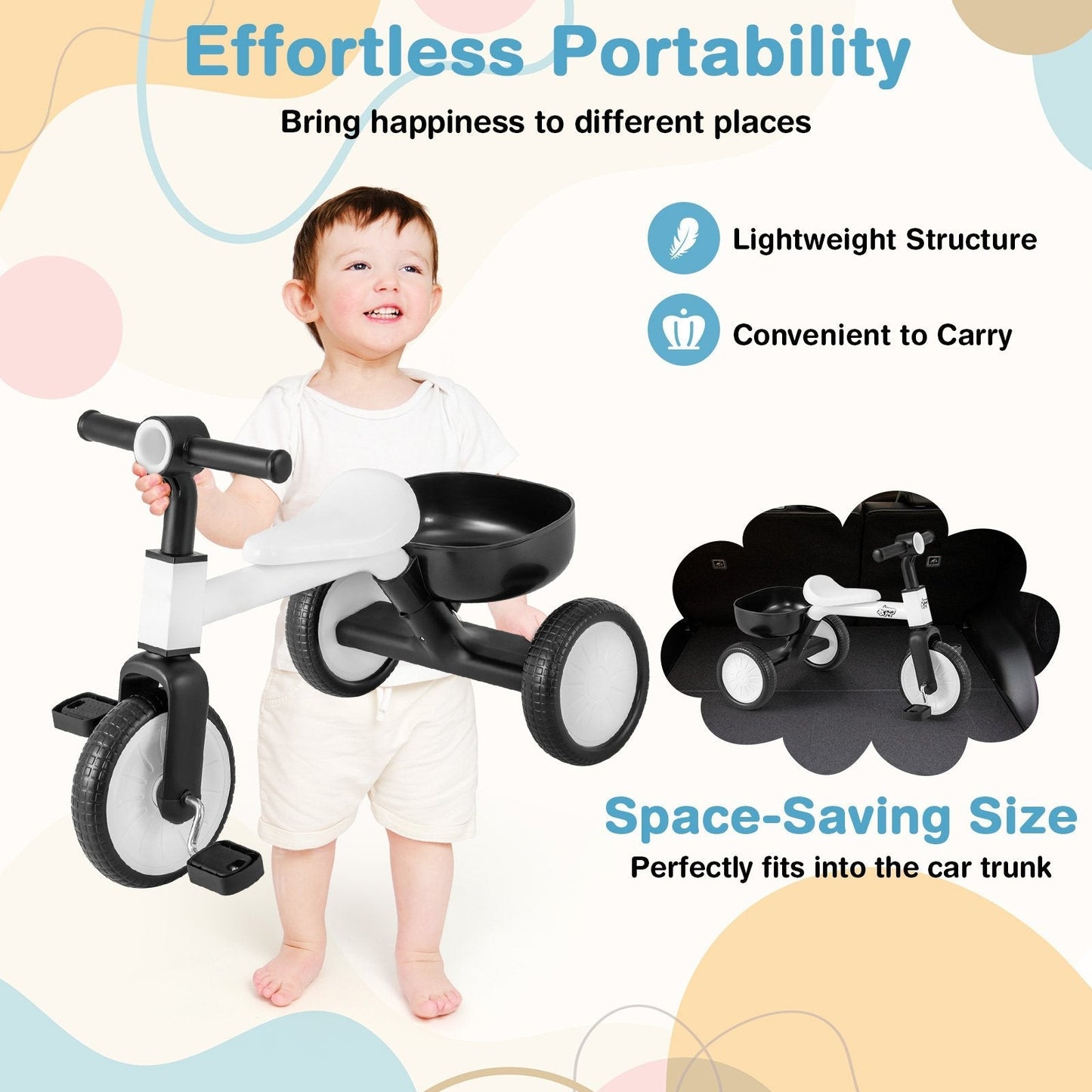 Convertible Kids Tricycle Toddler Trike with 86° Limited Steering Angle-White