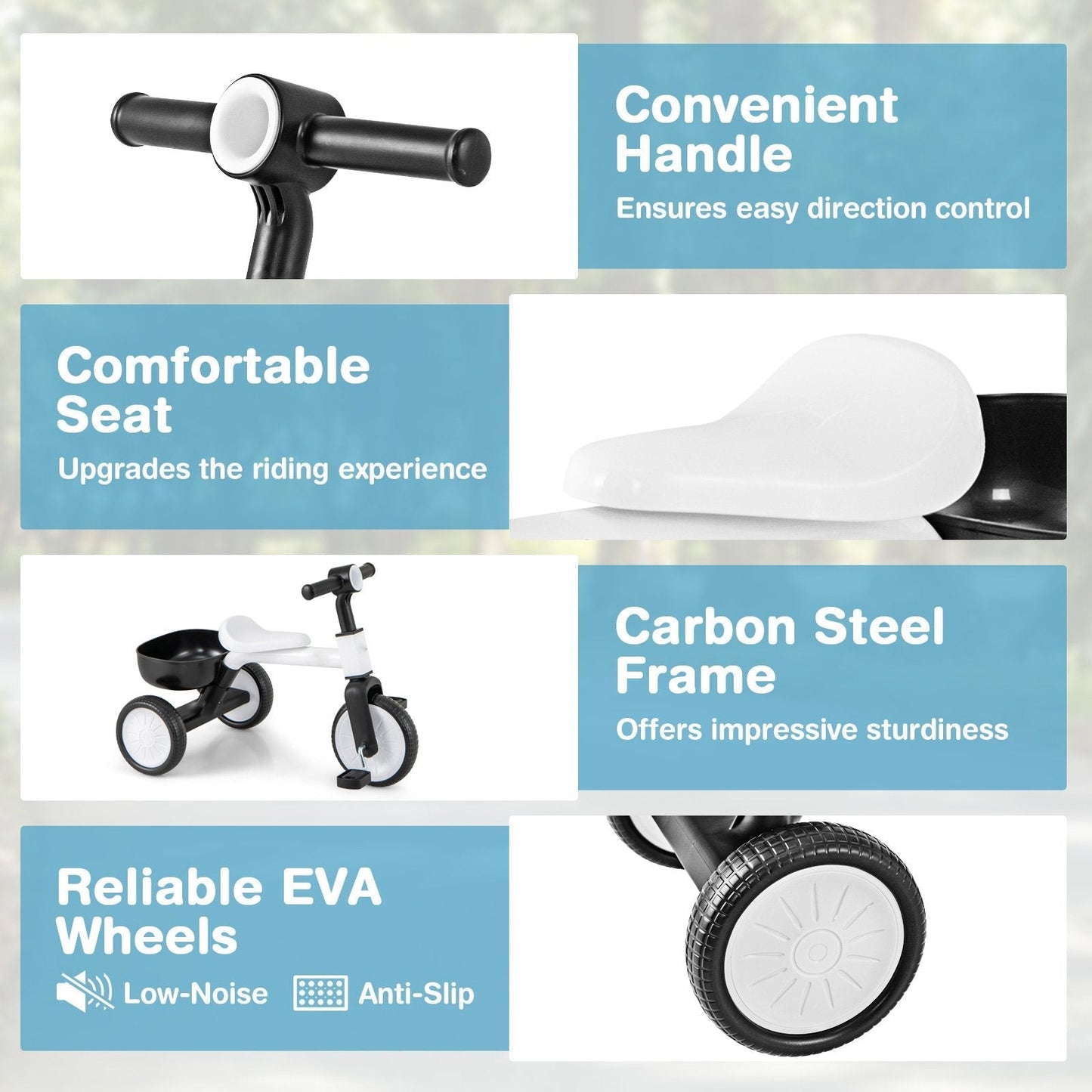 Convertible Kids Tricycle Toddler Trike with 86° Limited Steering Angle-White