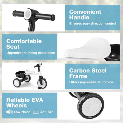 Convertible Kids Tricycle Toddler Trike with 86° Limited Steering Angle-White