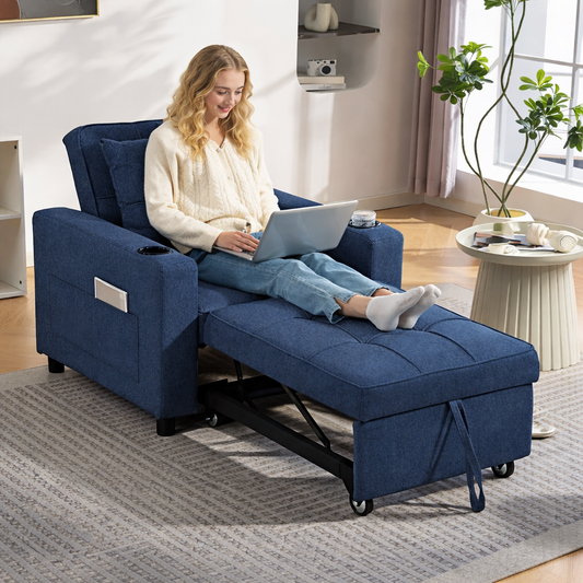 HOMCOM 3-in-1 Single Sofa Bed, Convertible Sleeper Chair Bed - Dark Blue
