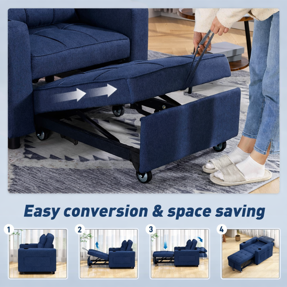 Blue sofa converting into a bed with text 'Easy conversion & space saving' and images of the conversion process.