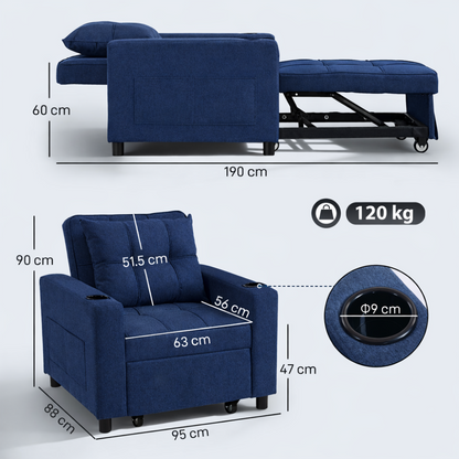 Blue sofa with dimensions and weight capacity displayed on a white background