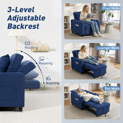 Blue adjustable recliner sofa with 3-level backrest in various modes on a white background.