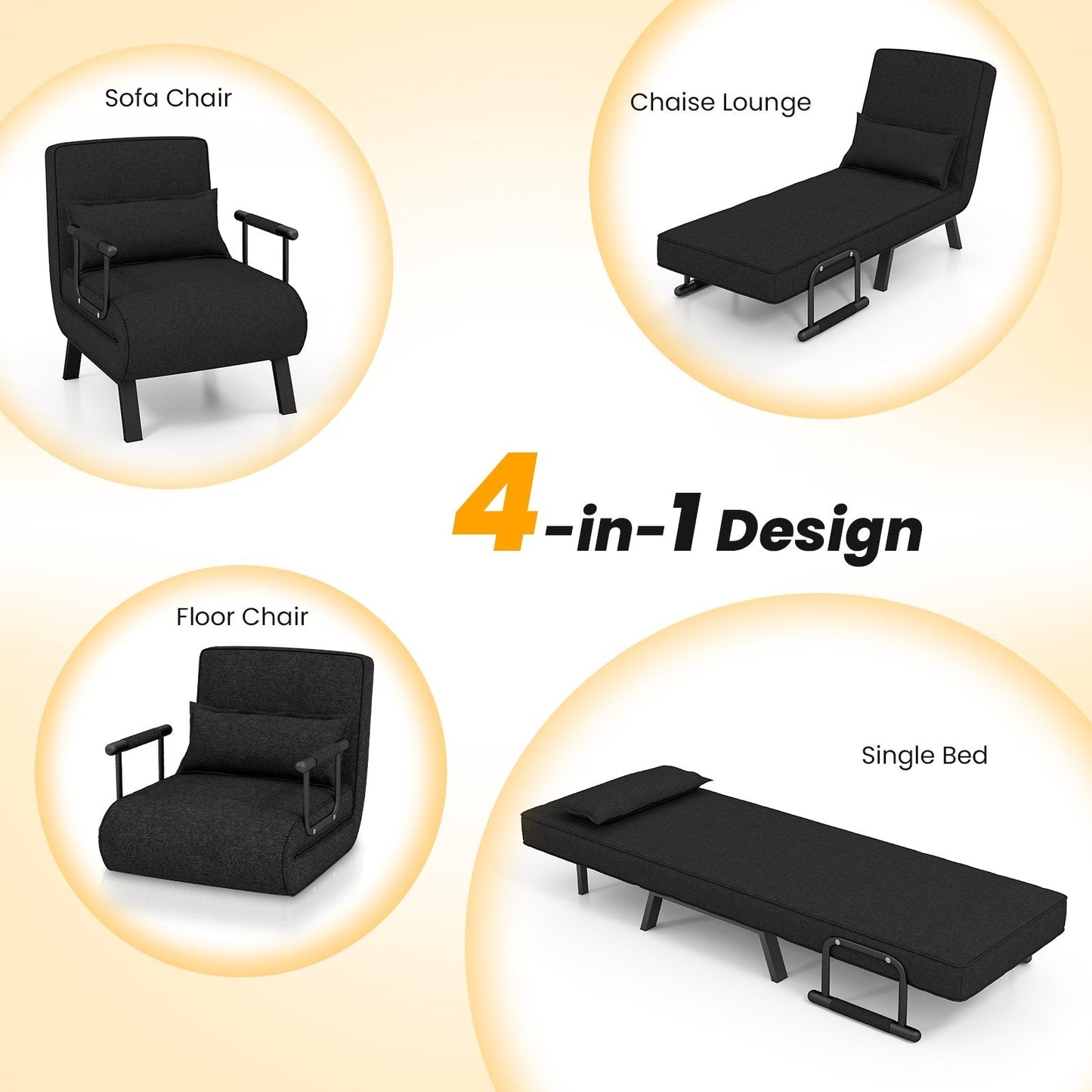 Convertible Sofa Bed 4-in-1 with 6-Position Adjustable Backrest-Black