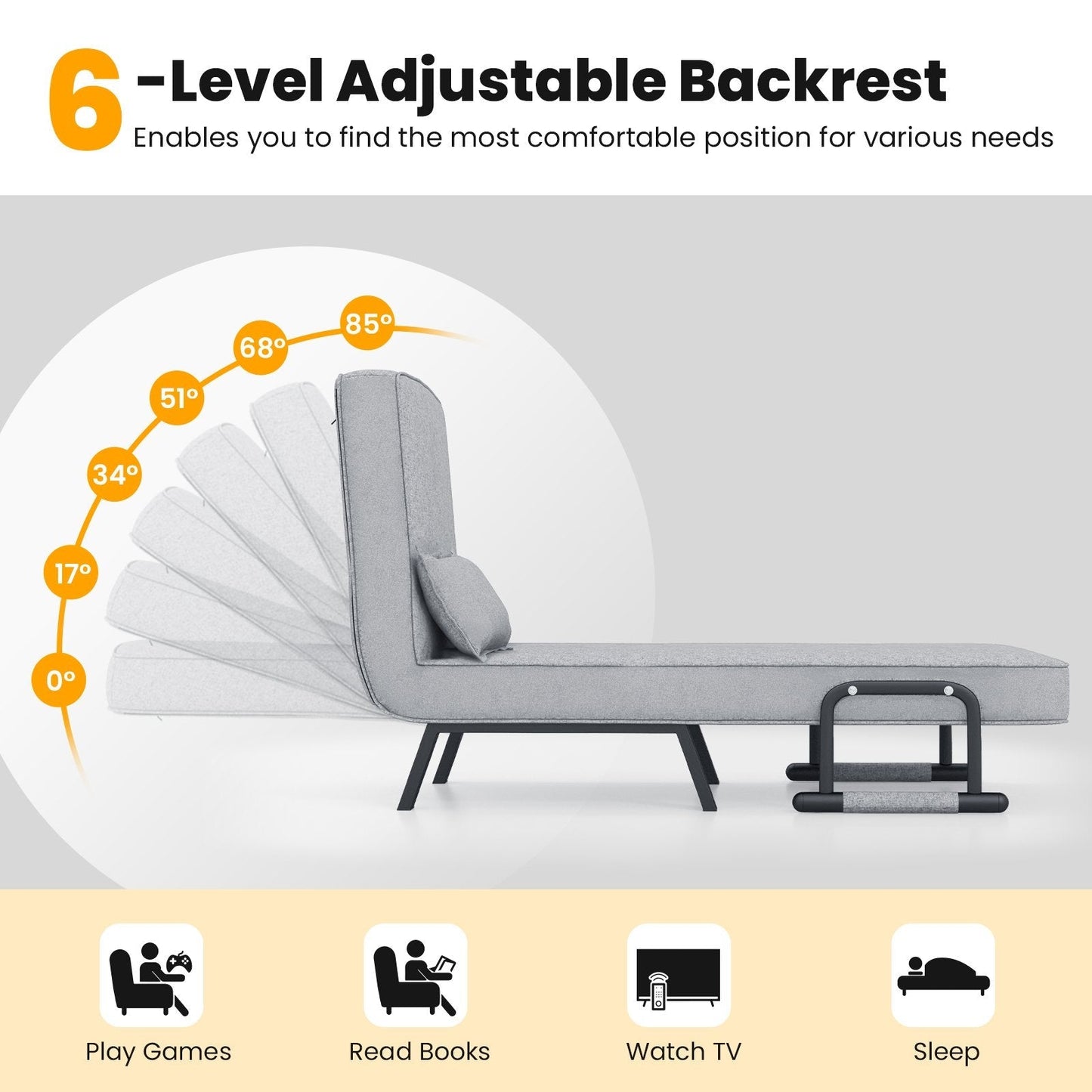 Convertible Sofa Bed 4-in-1 with 6-Position Adjustable Backrest-Light Grey