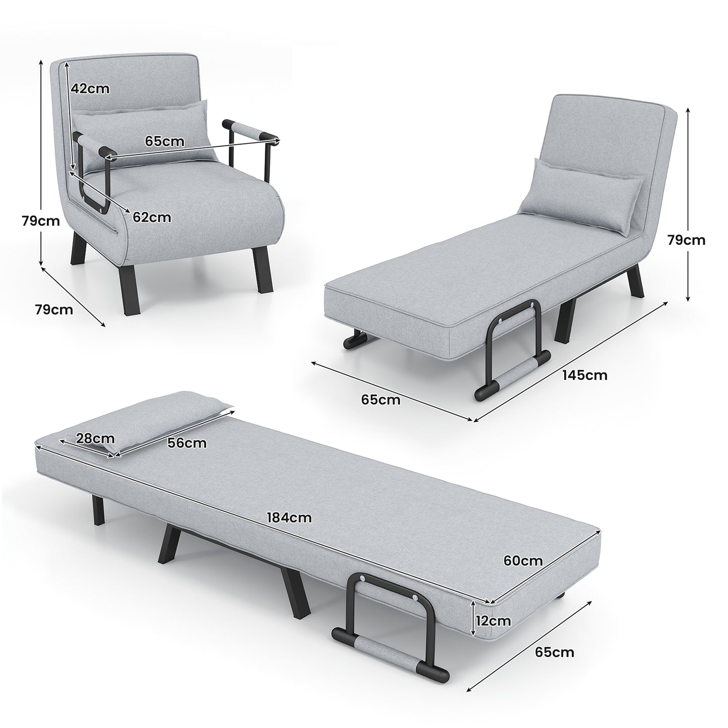 Convertible Sofa Bed 4-in-1 with 6-Position Adjustable Backrest-Light Grey