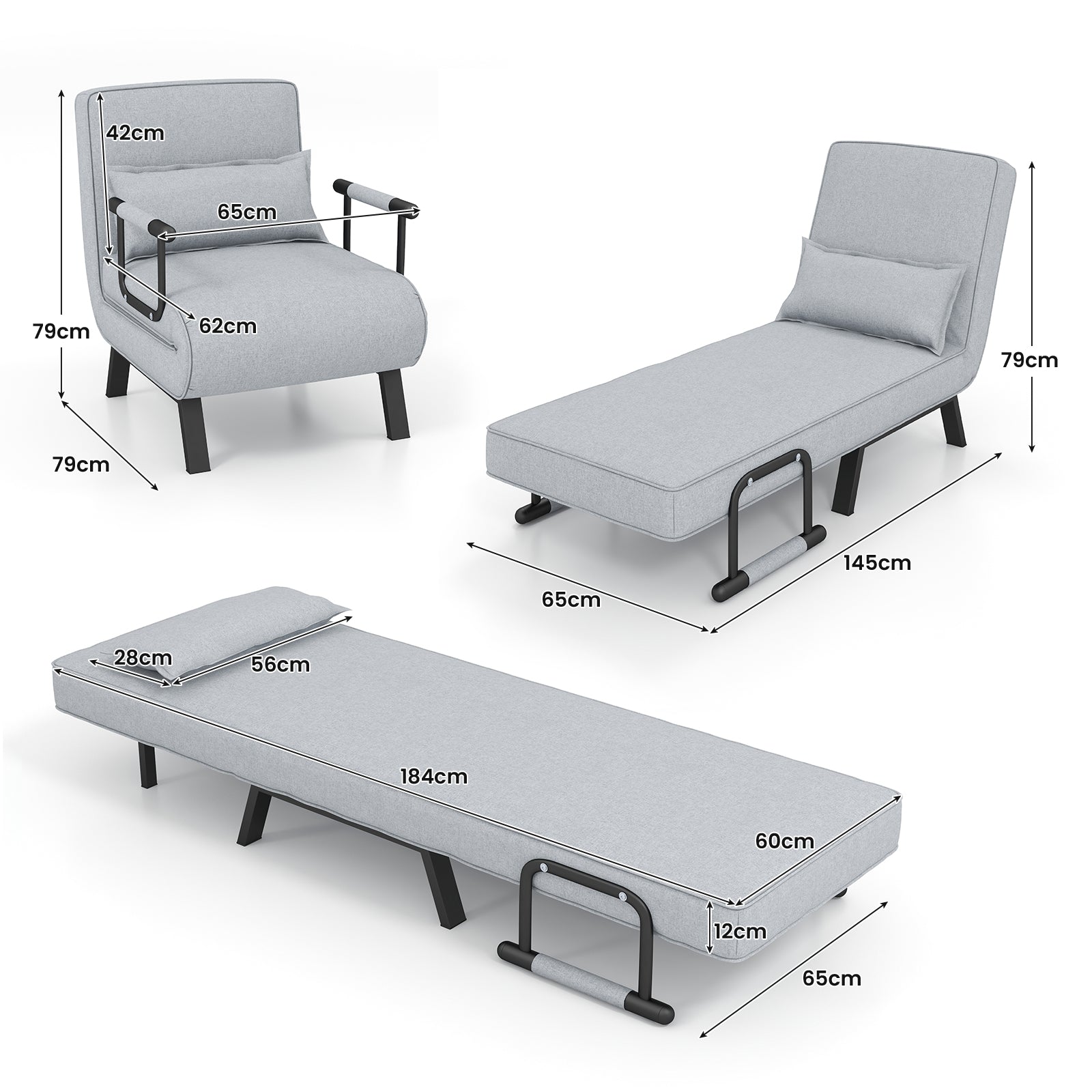 Convertible Sofa Bed 4-in-1 with 6-Position Adjustable Backrest-Light Grey
