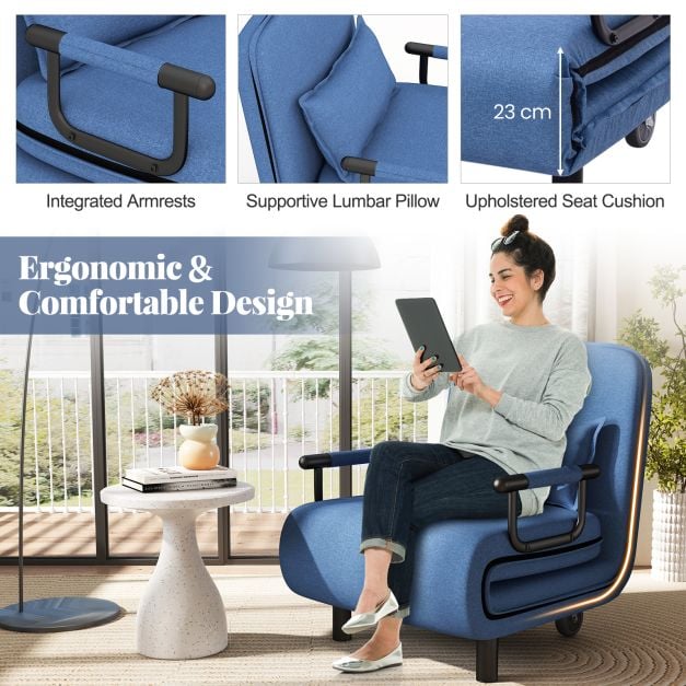 3-in-1 Convertible Sofa Bed with 5-Position Adjustable Backrest-Blue