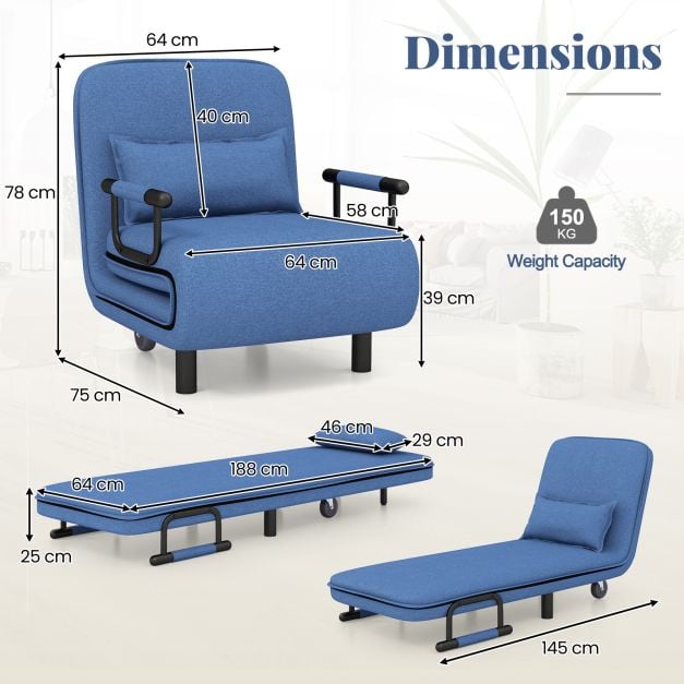 3-in-1 Convertible Sofa Bed with 5-Position Adjustable Backrest-Blue