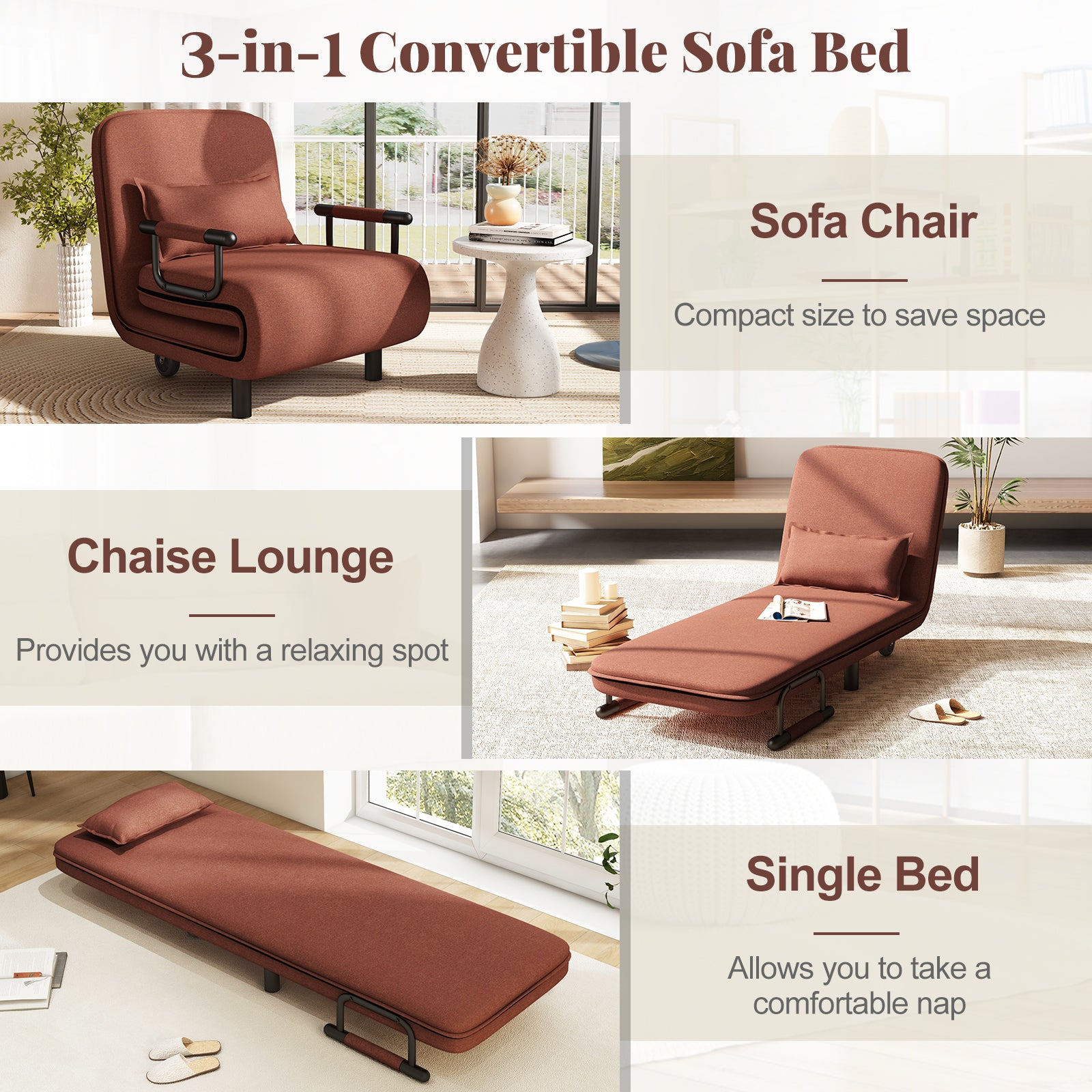 3-in-1 Convertible Sofa Bed with 5-Position Adjustable Backrest-Brown