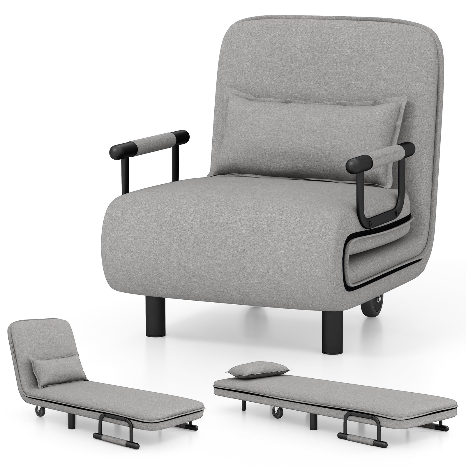 3-in-1 Convertible Sofa Bed with 5-Position Adjustable Backrest-Light Grey