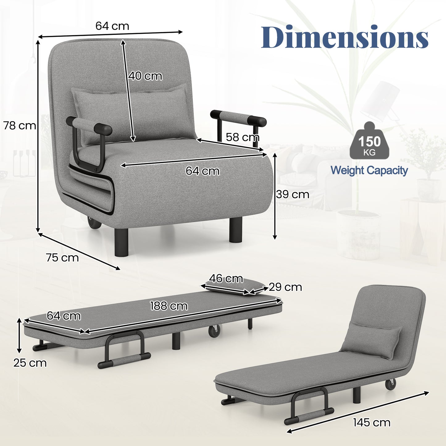 3-in-1 Convertible Sofa Bed with 5-Position Adjustable Backrest-Light Grey