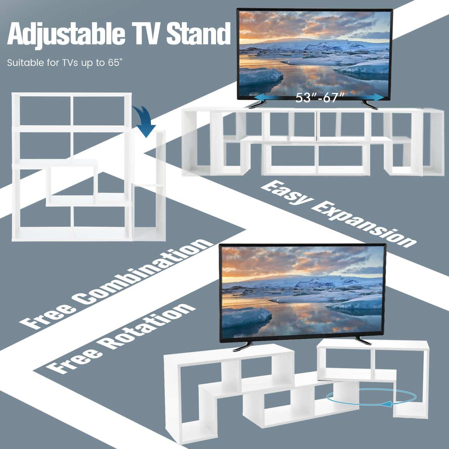 3 Pieces Convertible TV Stand for TVs up to 65 Inches-White