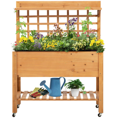 Outsunny Wooden Planter Raised Elevated Garden Bed Planter Flower Herb Boxes for Vegetables with 2 Shelves Solid Wood 105x40x135cm