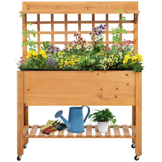 Outsunny Wooden Planter Raised Elevated Garden Bed Planter Flower Herb Boxes for Vegetables with 2 Shelves Solid Wood 105x40x135cm