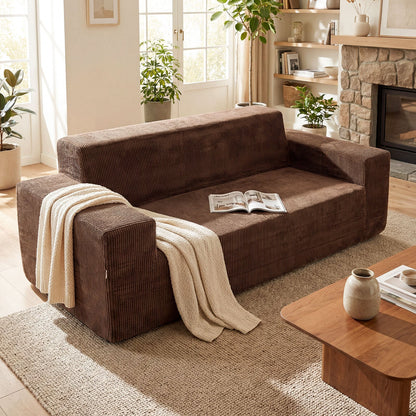 Corduroy 3-Seater Sofa No Assembly Needed with High Backrest & Wide Armrest-Brown