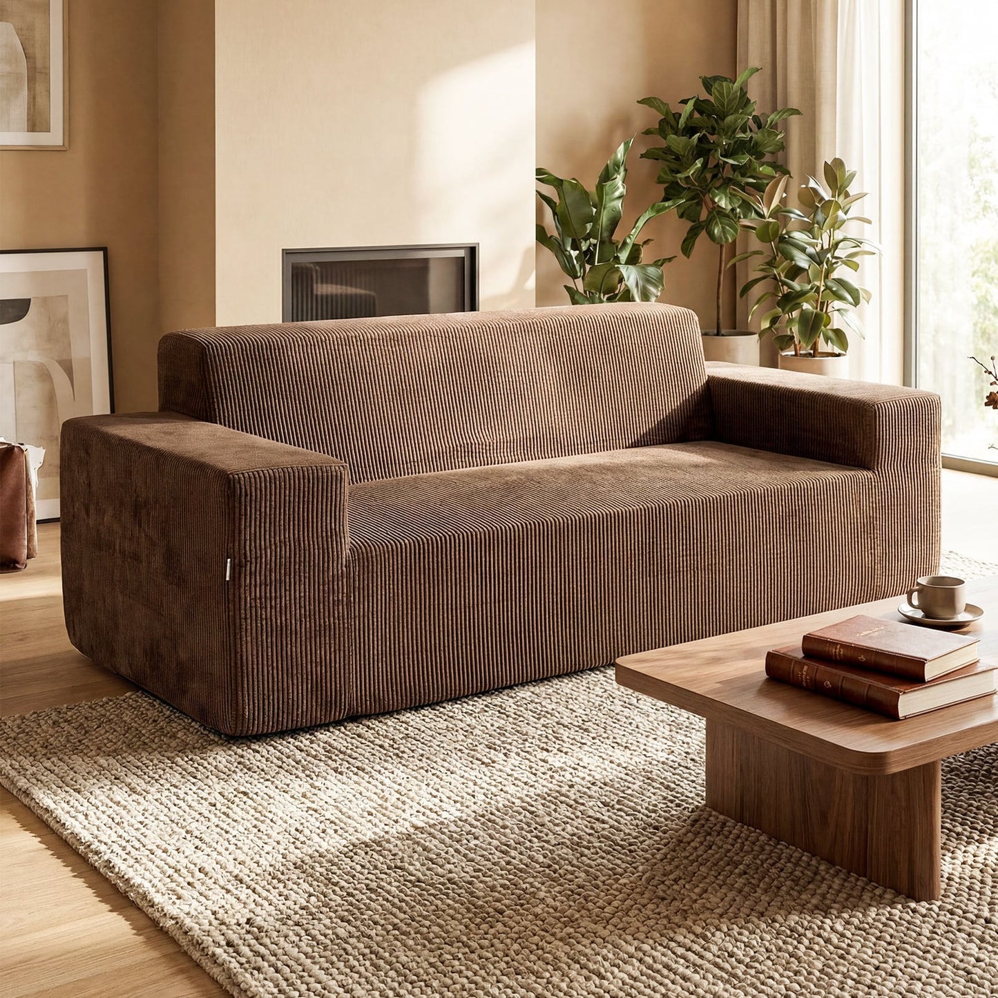 Corduroy 3-Seater Sofa No Assembly Needed with High Backrest & Wide Armrest-Brown