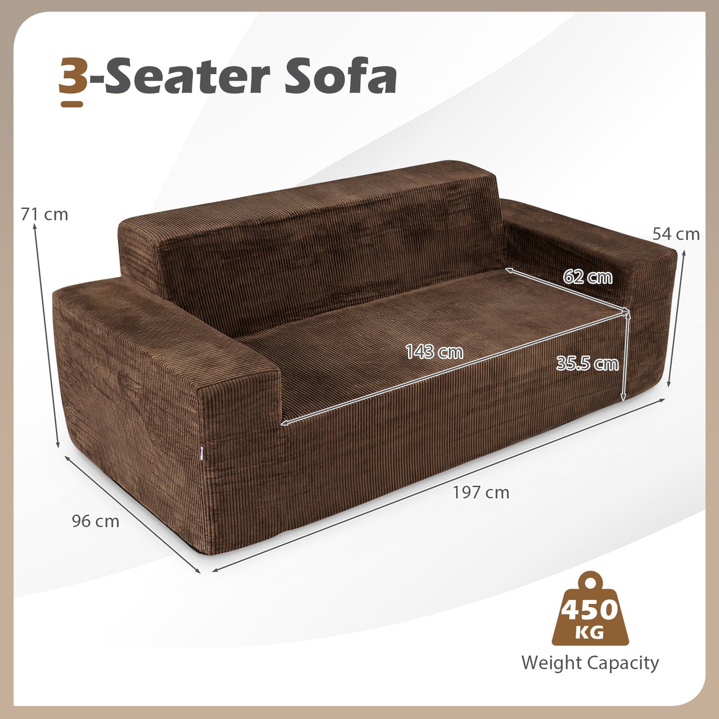 Corduroy 3-Seater Sofa No Assembly Needed with High Backrest & Wide Armrest-Brown