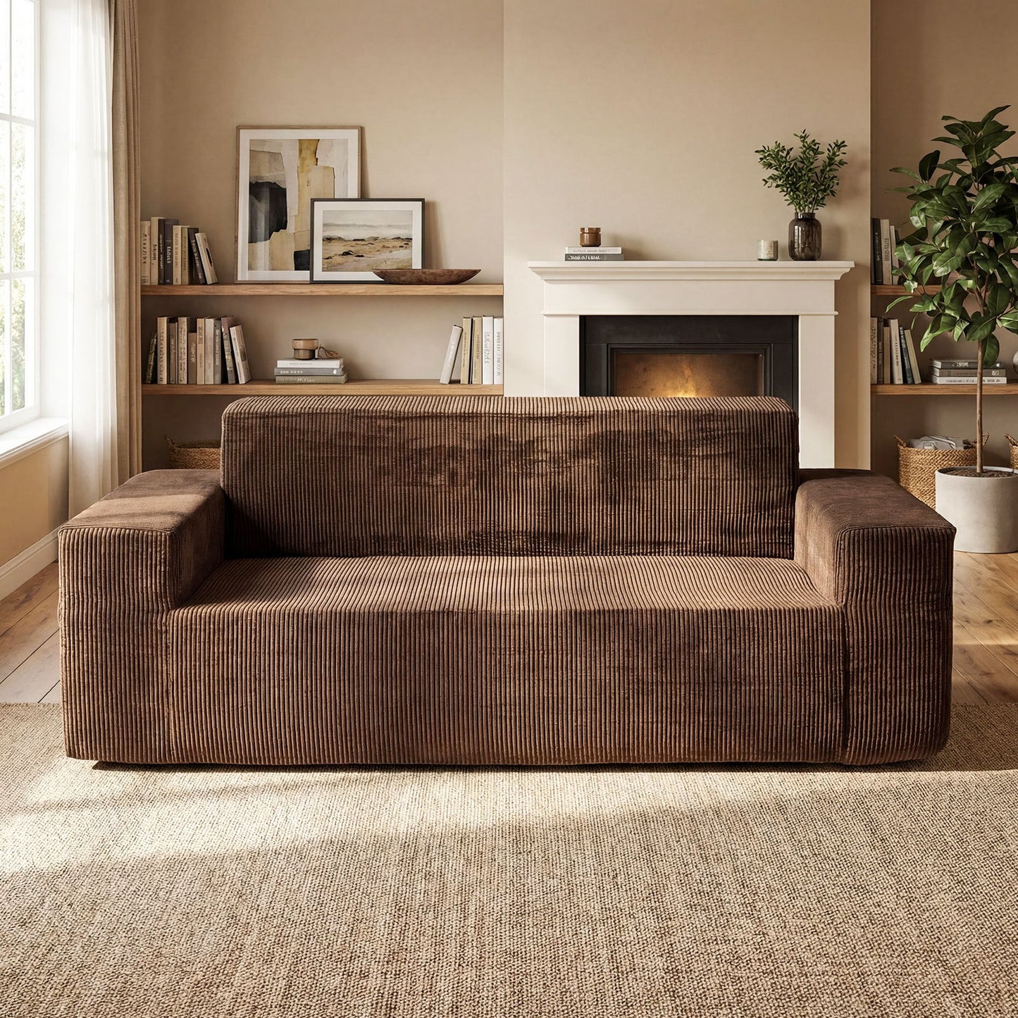 Corduroy 3-Seater Sofa No Assembly Needed with High Backrest & Wide Armrest-Brown
