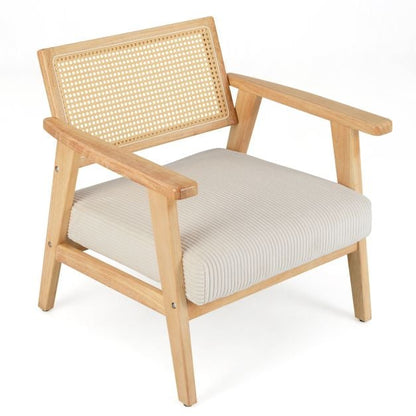 Corduroy Accent Chair with Upholstered Seat and Rattan Back-Natural