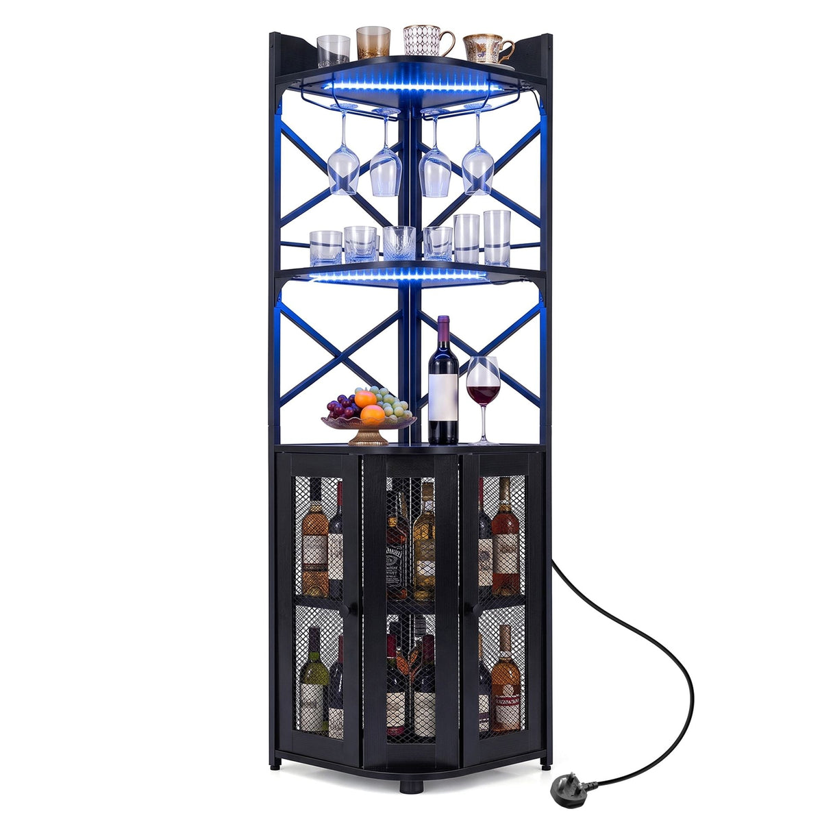 Corner Bar Cabinet with LED Lights Power Outlet and Glass Holder Storage Shelves-Black