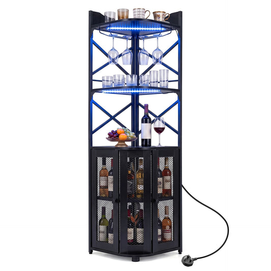 Corner Bar Cabinet with LED Lights Power Outlet and Glass Holder Storage Shelves-Black