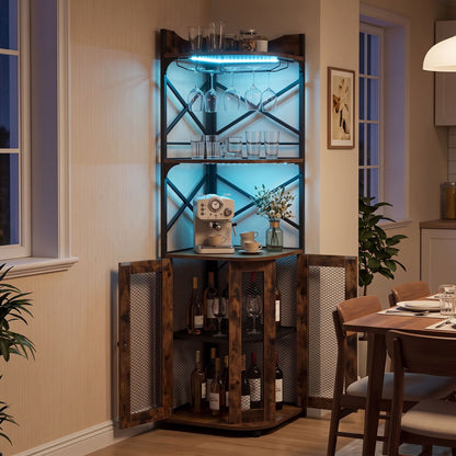 Corner Bar Cabinet with LED Lights Power Outlet and Glass Holder Storage Shelves-Rustic Brown