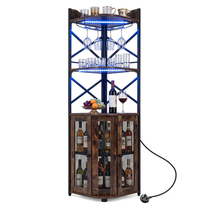 Corner Bar Cabinet with LED Lights Power Outlet and Glass Holder Storage Shelves-Rustic Brown