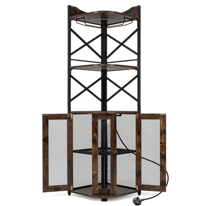 Corner Bar Cabinet with LED Lights Power Outlet and Glass Holder Storage Shelves-Rustic Brown