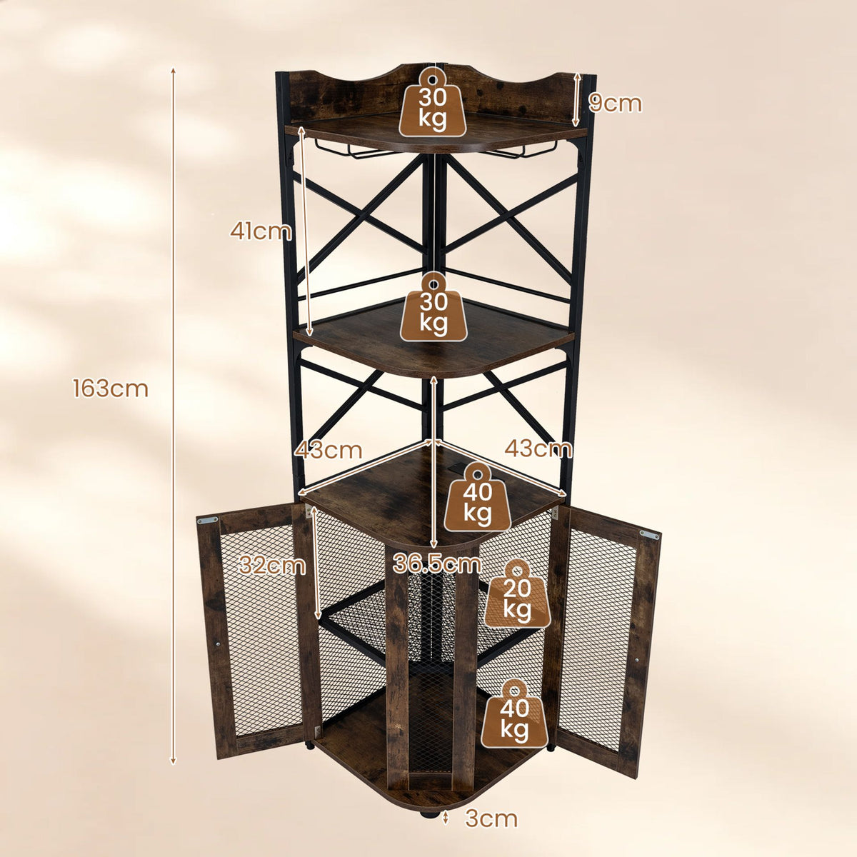Corner Bar Cabinet with LED Lights Power Outlet and Glass Holder Storage Shelves-Rustic Brown