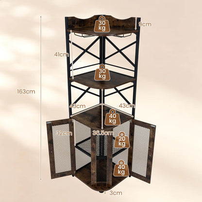 Corner Bar Cabinet with LED Lights Power Outlet and Glass Holder Storage Shelves-Rustic Brown